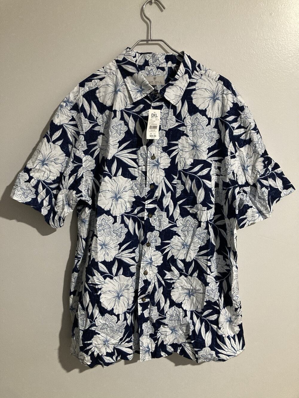 Oak Hill Mens Big Tall Button-Up Hawaiian Casual Shirt 1XLT Blue And White